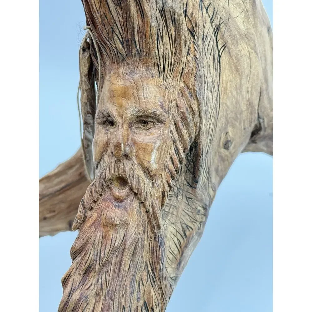 Hand Carved Wood Old Man Face w Feather Spirit Tree Sculpture Figure 12”x10” VTG